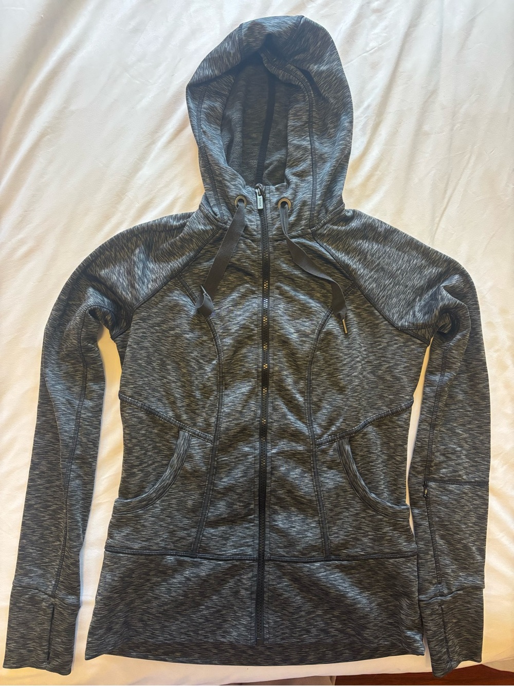 Athleta Heather Charcoal Zip-Up Hoodie with Hood and Drawstrings